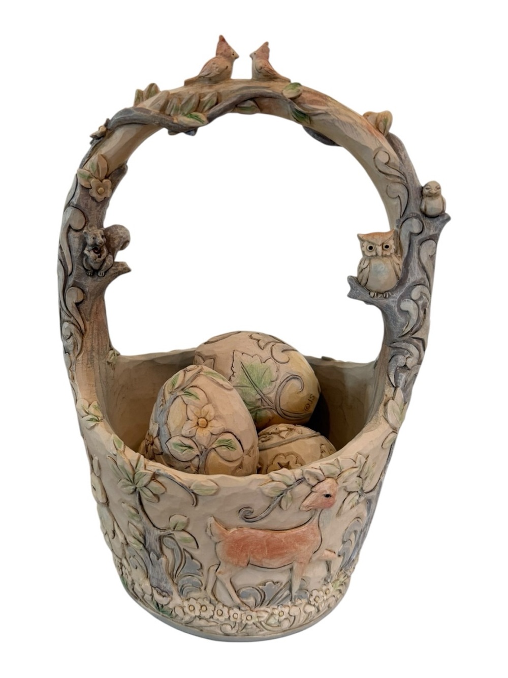 Jim Shore White Woodland Collection Easter Basket with 4 Eggs (model #6003998)